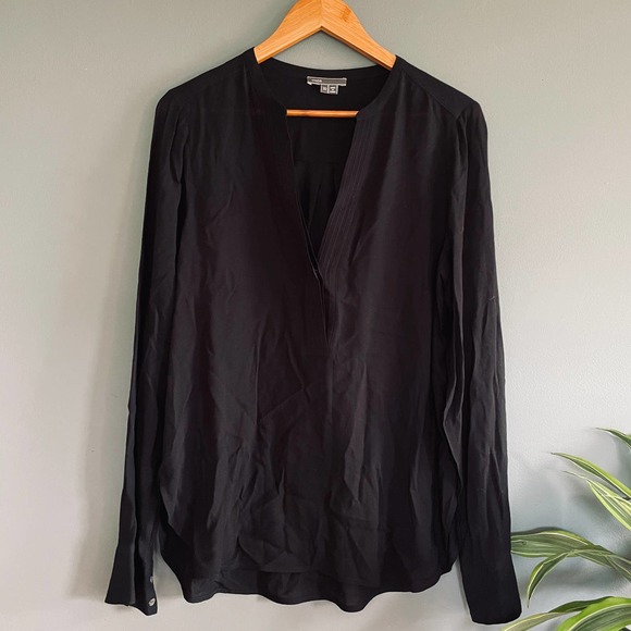 Vince Black Silk Long Sleeve Split Neck Tunic Blouse 10 M Minimalist Lagenlook - Picture 2 of 5